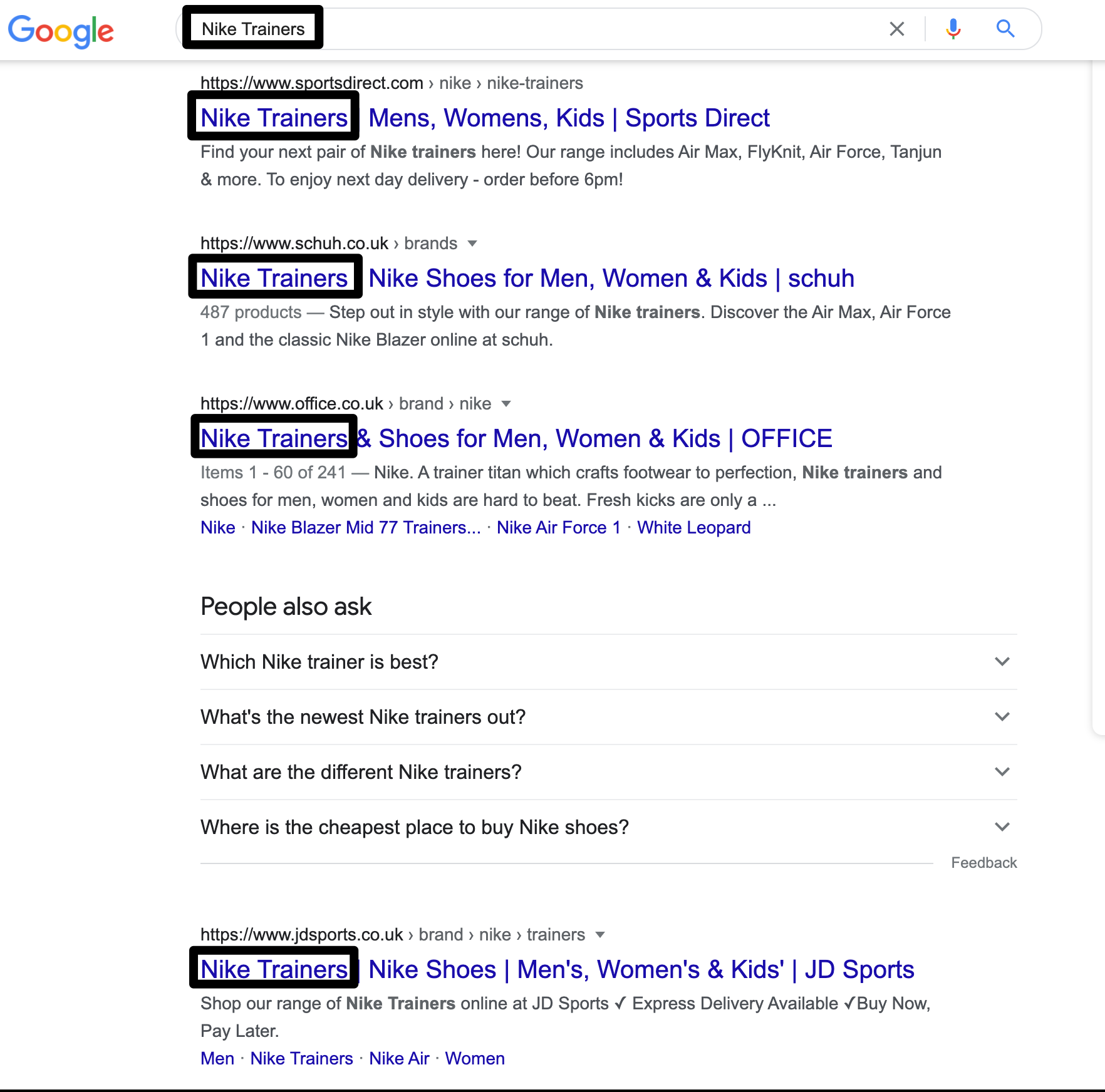 title tags within a search result on Google