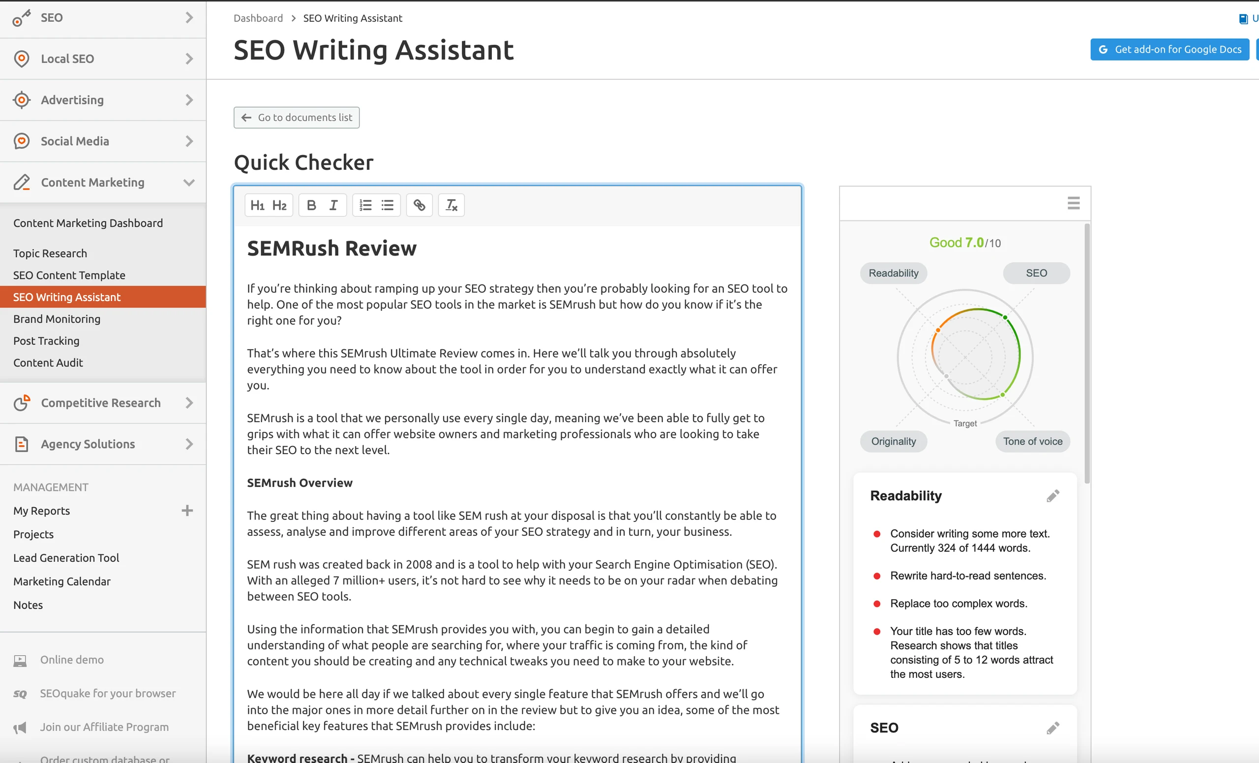 SEMRush writing assistant in action