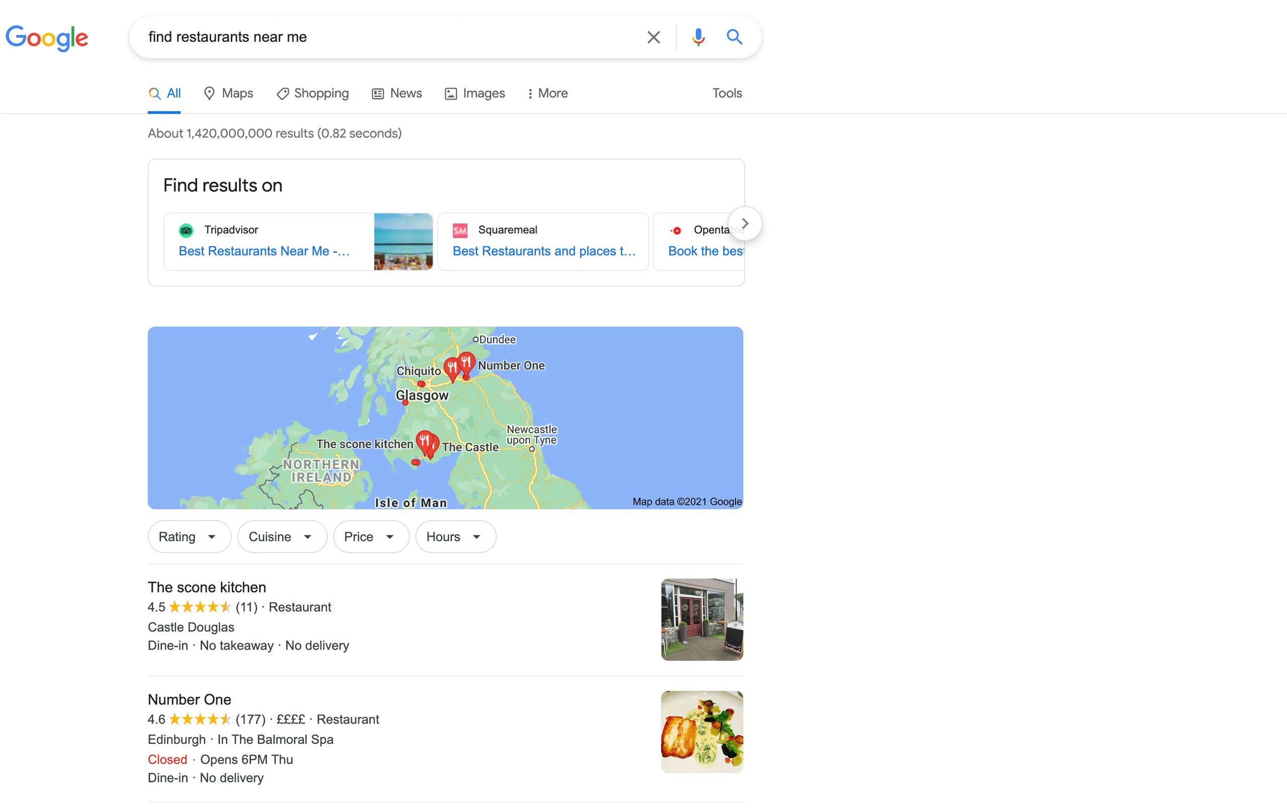 Find restaurants near me in Google search results showing local results