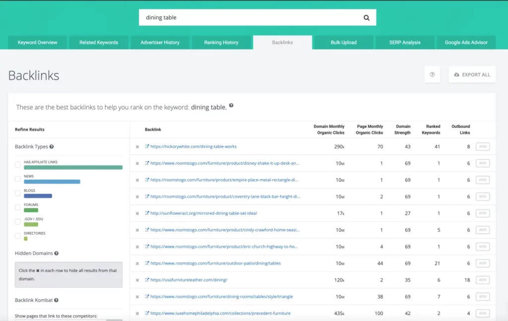 SpyFu Backlink Builder Quality Backlinks for Specific Keywords dining table xl