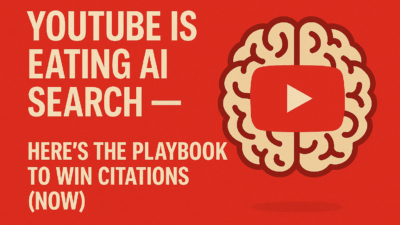 Digital banner with bold text ‘YouTube Is Eating AI Search — Here’s the Playbook to Win Citations (Now)’ on a red background, featuring a brain illustration with the YouTube logo inside.